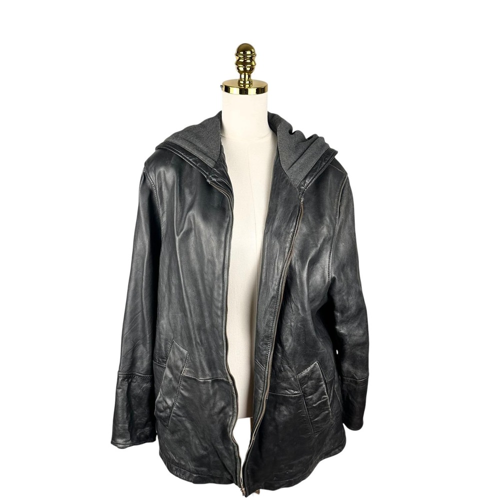 Vintage 90s Cayenne Women Black Leather Hooded Jacket Coat Made in Korea Large
